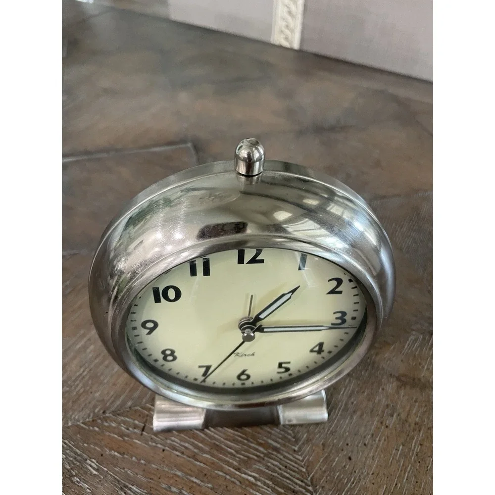 EUC Kirch Analog Silver Desktop Alarm Clock Battery Operated Works Vtg Style